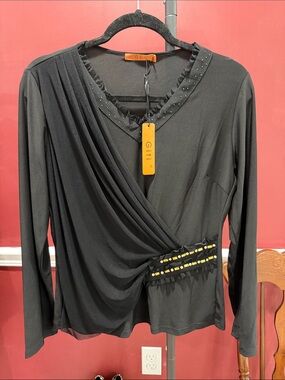 Giti Boutique Black Long-Sleeve Draped Wrap Top with Stud Accents